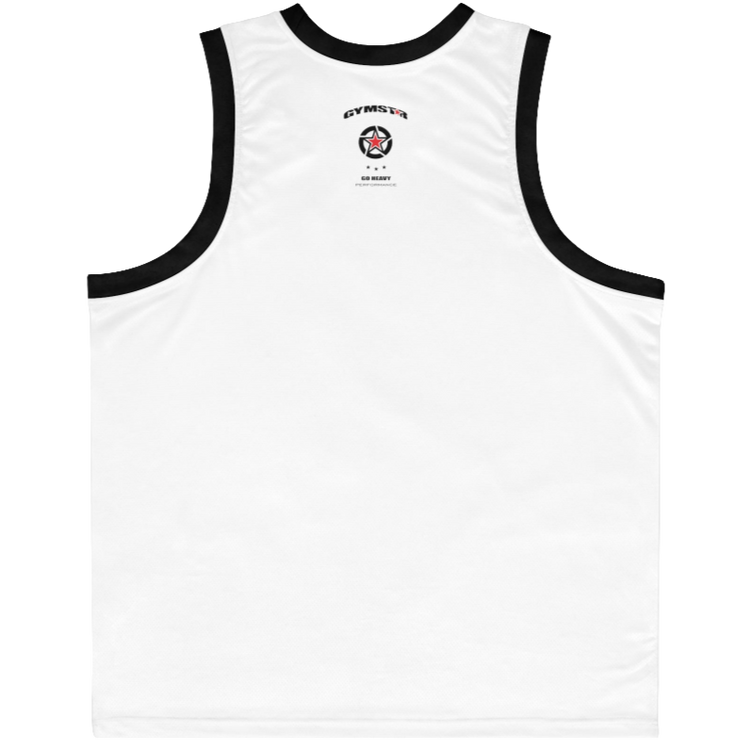 a white-black Gymstar sports tank top branded with the Gymstar Fit logo back view