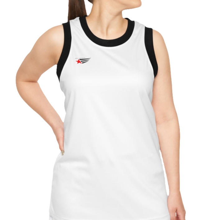 A woman with a fitness body is wearing a white-black Gymstar sports tank top branded with the Gymstar Fit logo.