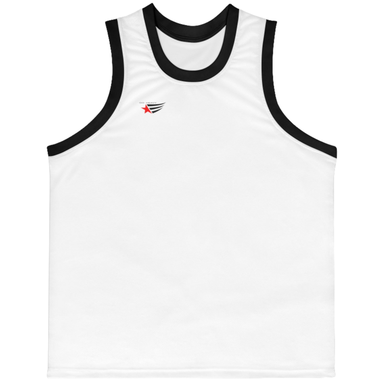 a white-black Gymstar sports tank top branded with the Gymstar Fit logo