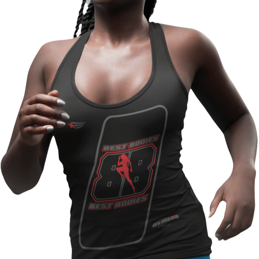A woman with a fitness body is wearing a black Gymstar sports tank top branded with the Gymstar Fit logo and a motivating print.