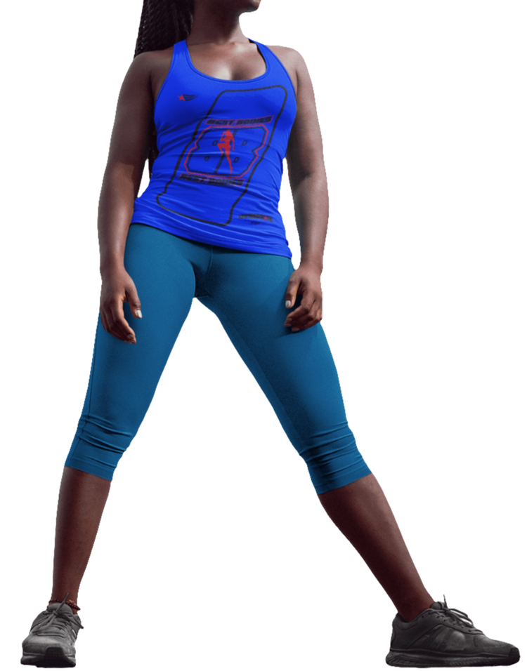 A woman with a fitness body is wearing a blue Gymstar sports tank top branded with the Gymstar Fit logo and a motivating print.