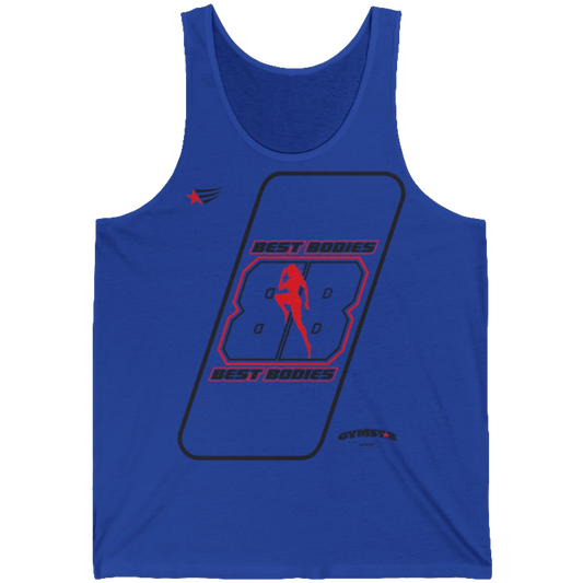 a blue Gymstar sports tank top branded with the Gymstar Fit logo and a motivating print