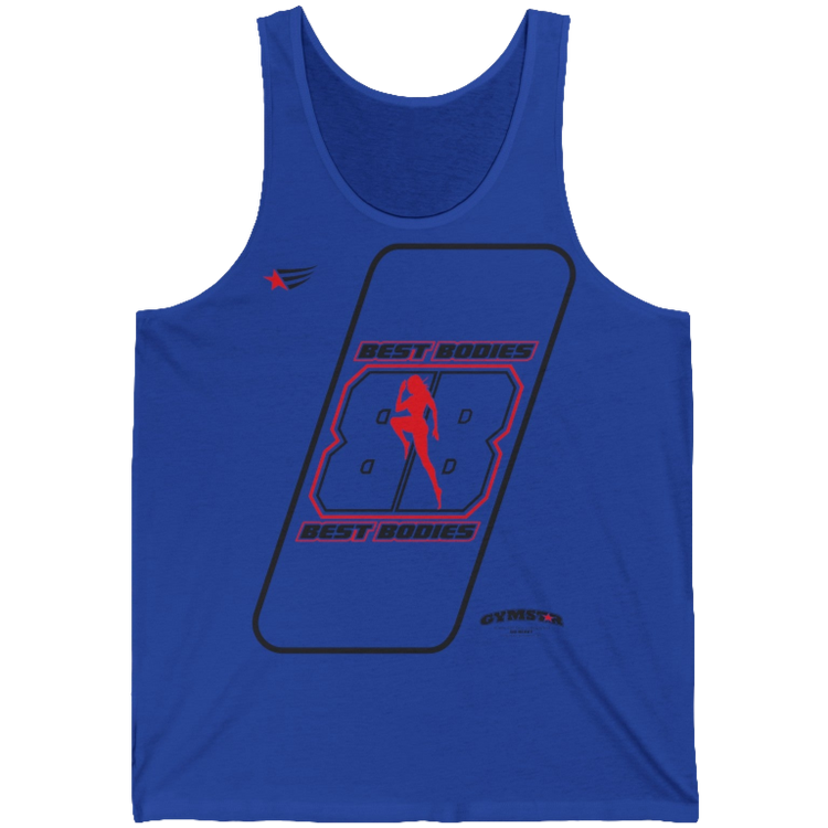 a blue Gymstar sports tank top branded with the Gymstar Fit logo and a motivating print