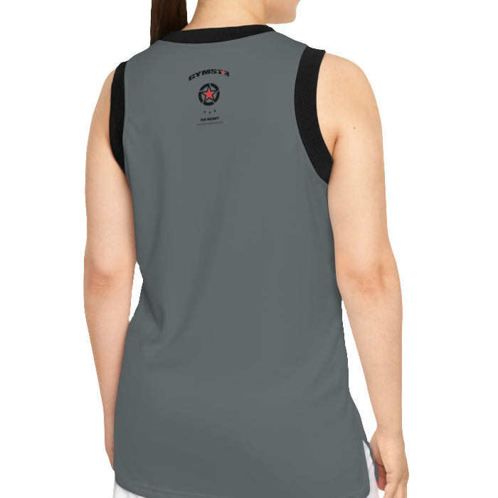 A woman with a fitness body is wearing a Gymstar sports tank top branded with the Gymstar Fit logo and a motivating print, back view.