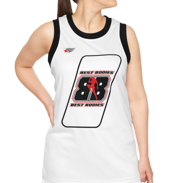 A woman with a fitness body is wearing a Gymstar white sports tank top branded with the Gymstar Fit logo and a motivating print.