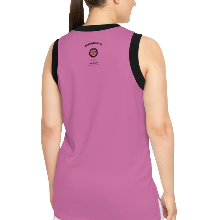 A woman with a fitness body is wearing a purple-black Gymstar sports tank top branded with the Gymstar Fit logo back view.