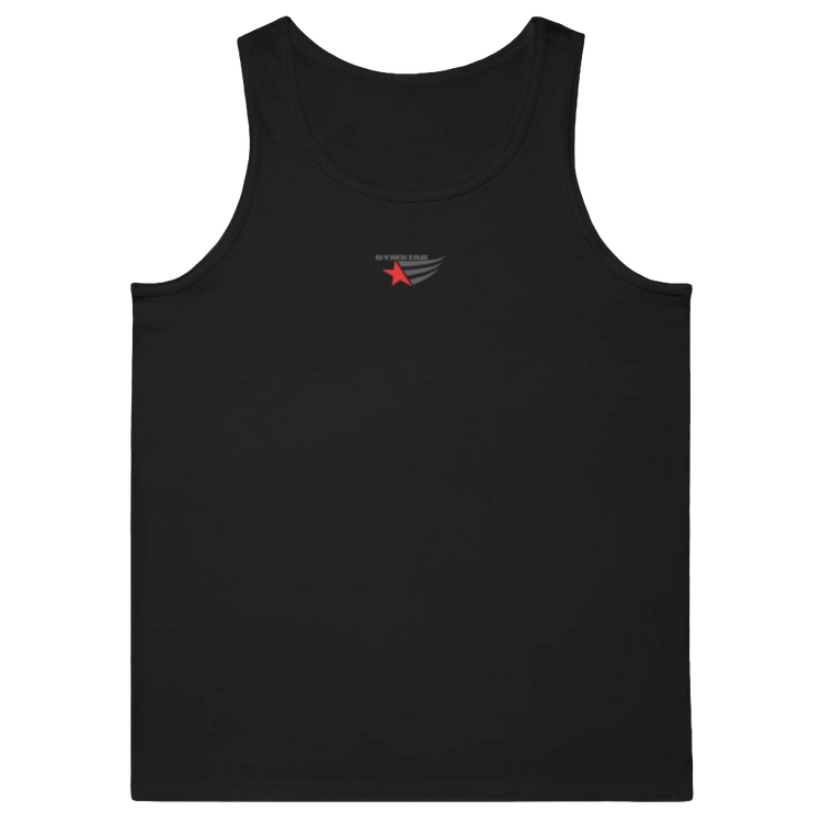 a black Gymstar sports tank top branded with the Gymstar Fit logo.