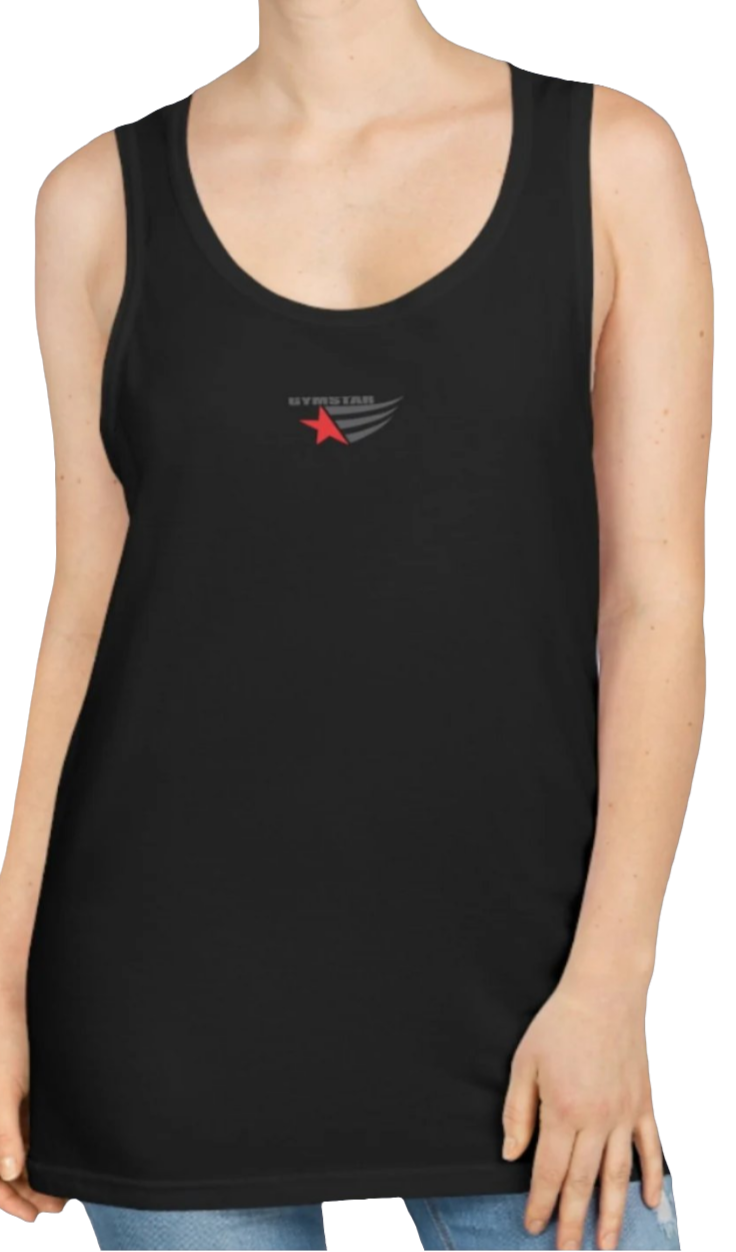 A woman with a fitness body is wearing a black Gymstar sports tank top branded with the Gymstar Fit logo.