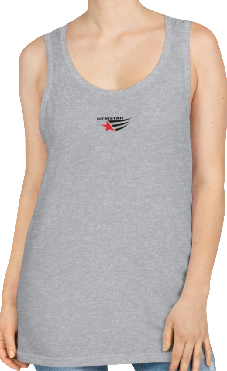 A woman with a fitness body is wearing a grey Gymstar sports tank top branded with the Gymstar Fit logo.