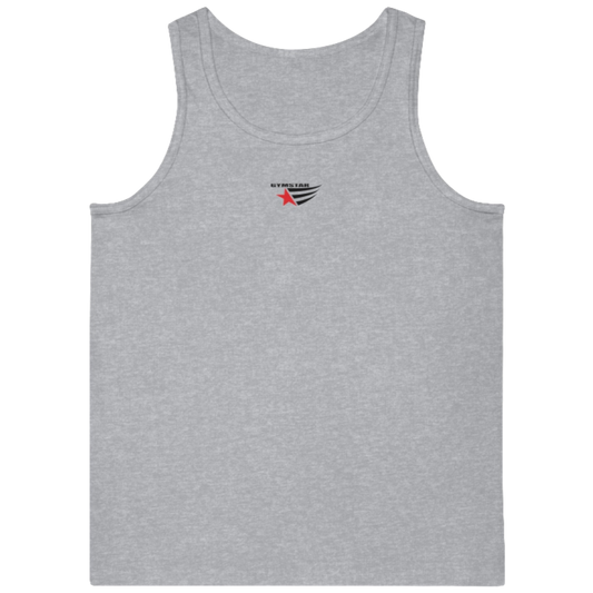 a grey Gymstar sports tank top branded with the Gymstar Fit logo.