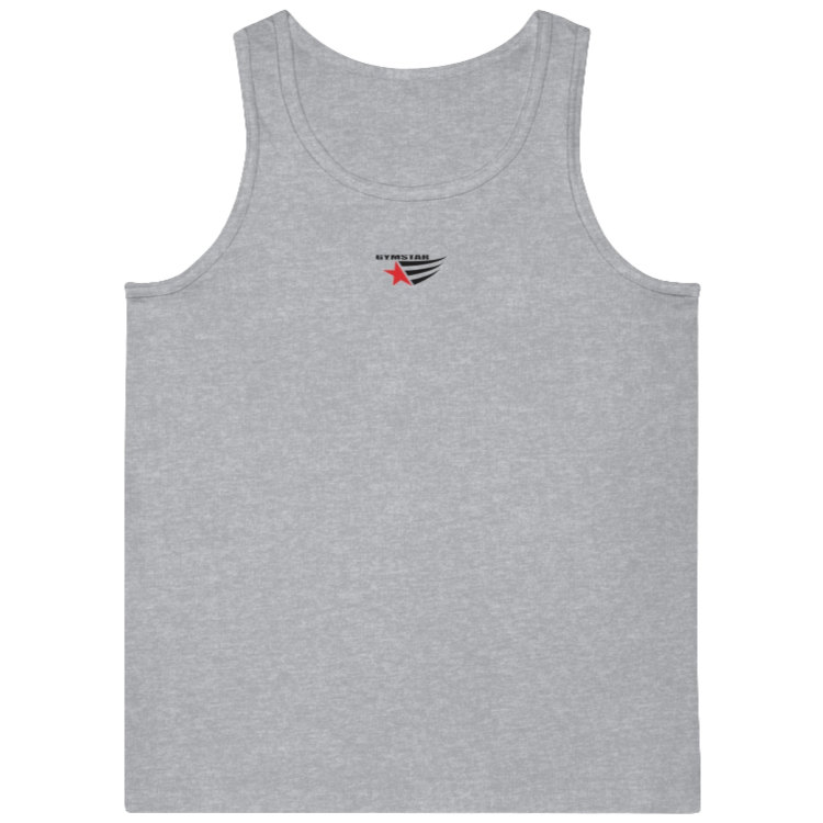 a grey Gymstar sports tank top branded with the Gymstar Fit logo.