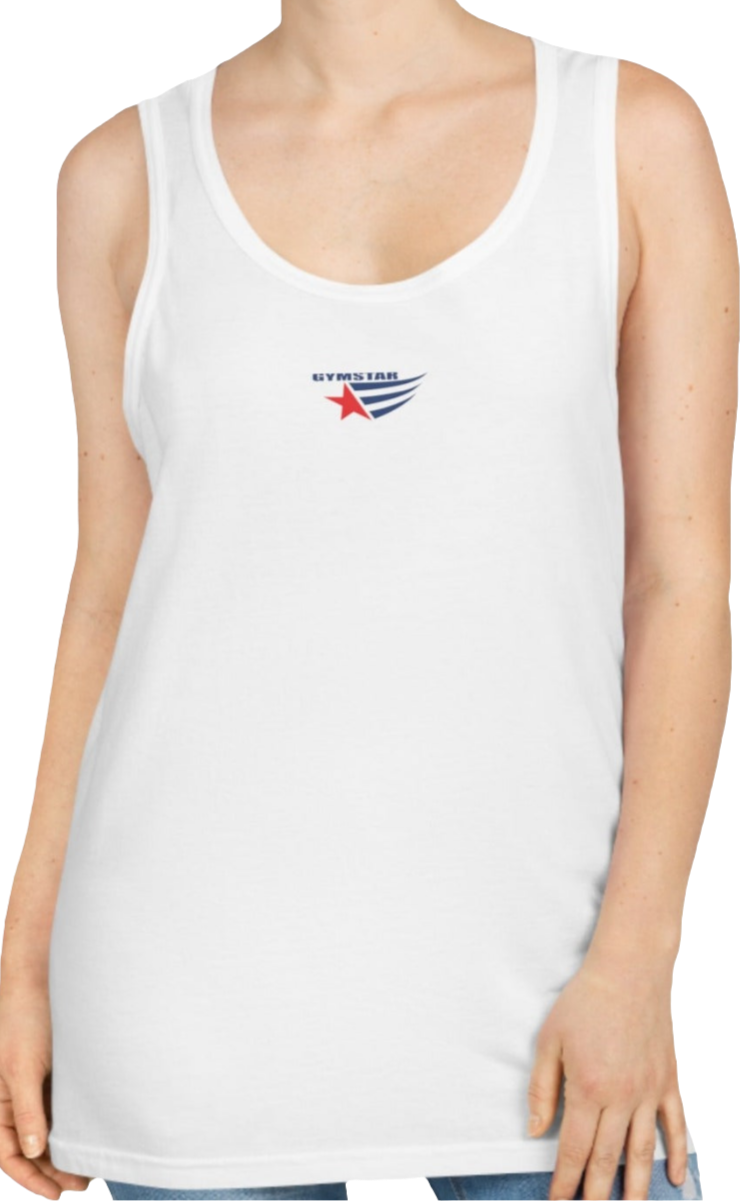 A woman with a fitness body is wearing a white Gymstar sports tank top branded with the Gymstar Fit logo.