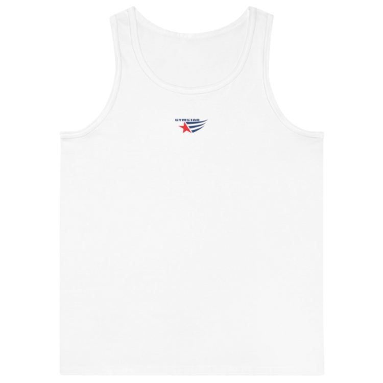 a white Gymstar sports tank top branded with the Gymstar Fit logo.