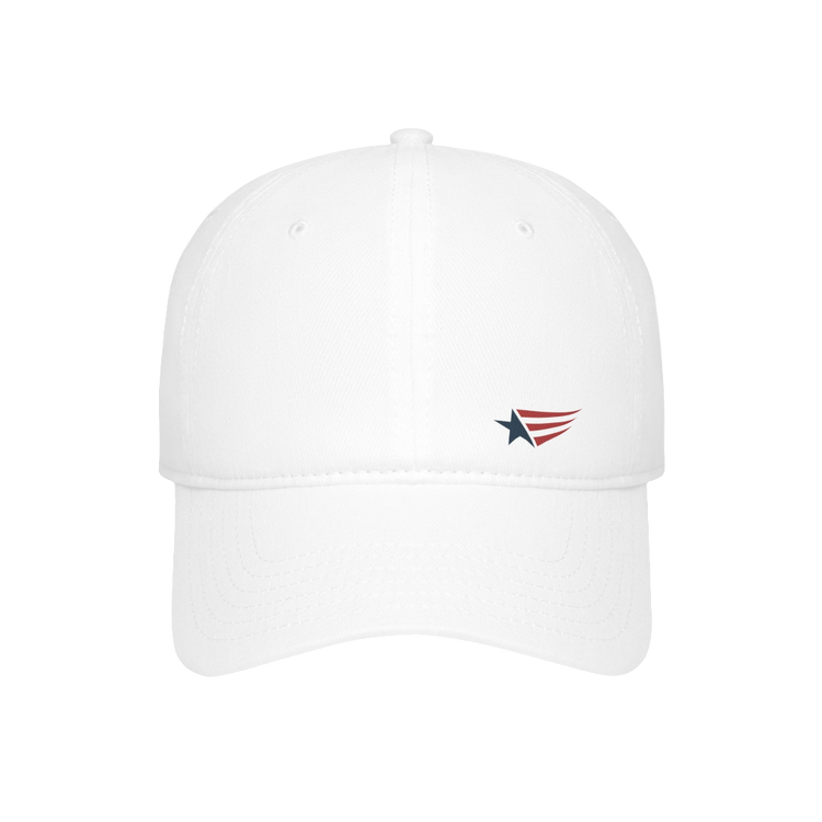 A white Gymstar Fitness baseball cap with a structured design and a brand logo. On the front view.