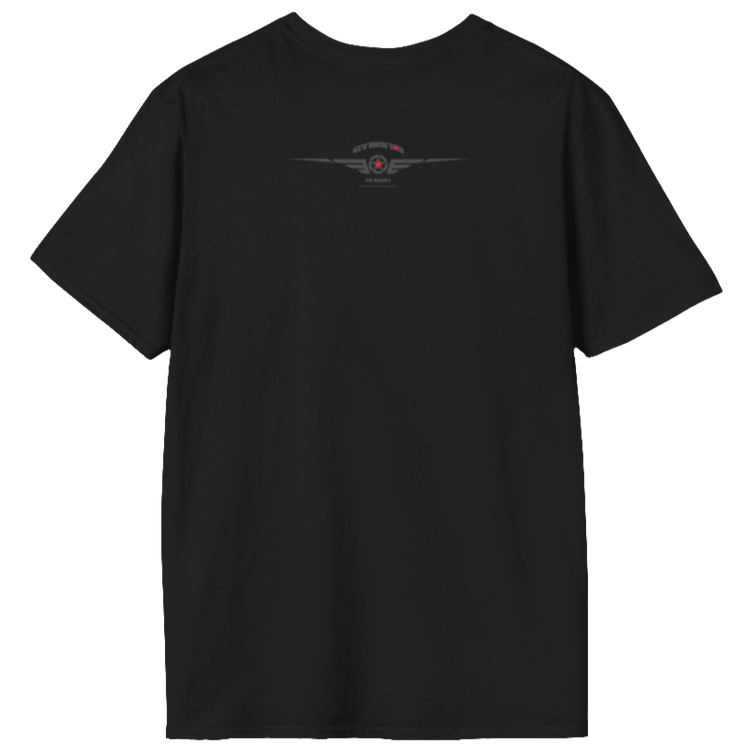 A  black Gymstar t-shirt with a graphic print Athletic and a barbell in the center, designed for fitness and sports. Rare view.