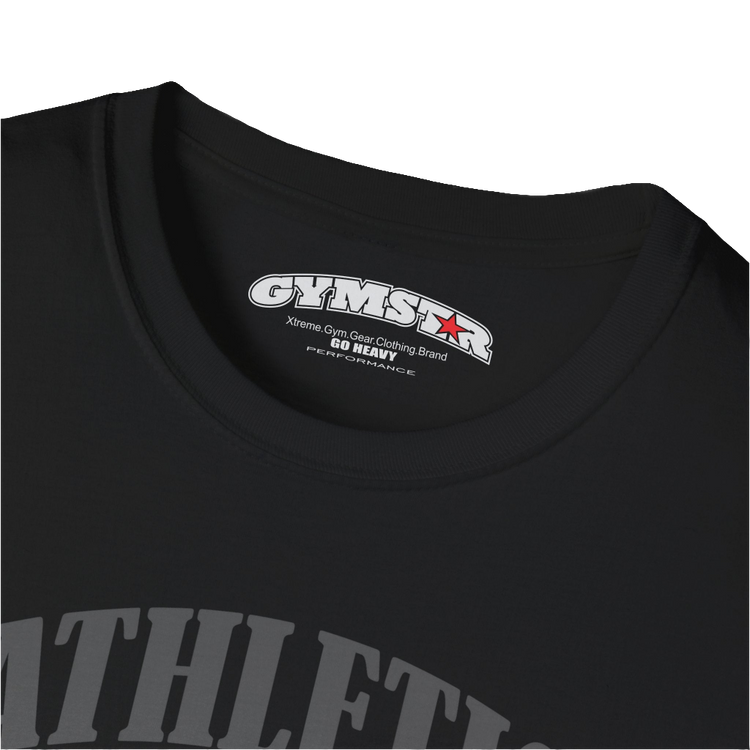 A  black Gymstar t-shirt with a graphic print Athletic and a barbell in the center, designed for fitness and sports. Front logo close up view.