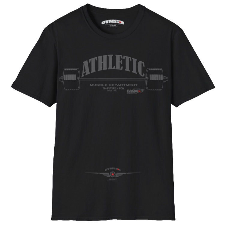 A  black Gymstar t-shirt with a graphic print Athletic and a barbell in the center, designed for fitness and sports. Front  view.