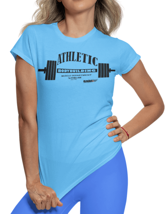 A  woman wearing blue Gymstar t-shirt with a graphic print Athletic and a barbell in the center, designed for fitness and sports. Front close up view.