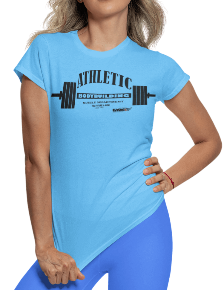 A  woman wearing blue Gymstar t-shirt with a graphic print Athletic and a barbell in the center, designed for fitness and sports. Front close up view.