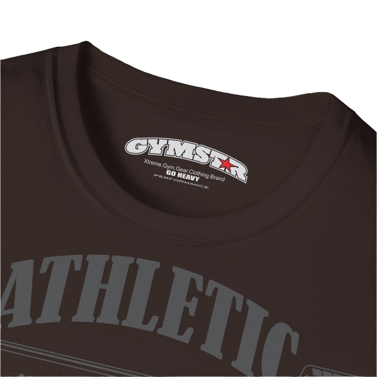 A  brown Gymstar t-shirt with a graphic print Athletic and a barbell in the center, designed for fitness and sports. Front logo close up view.