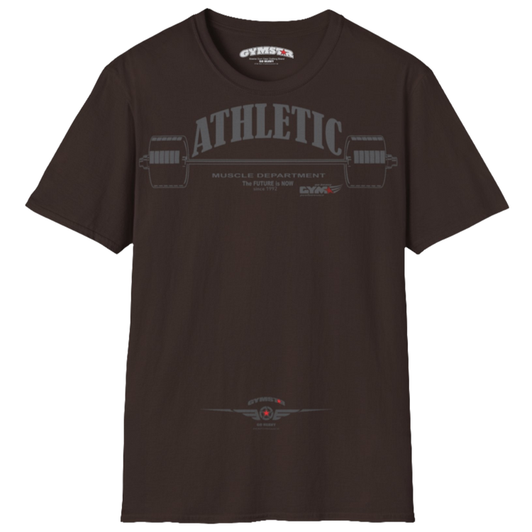 A  brown Gymstar t-shirt with a graphic print Athletic and a barbell in the center, designed for fitness and sports. Front  view.