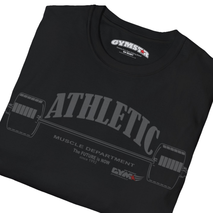 A  black Gymstar t-shirt with a graphic print Athletic and a barbell in the center, designed for fitness and sports. Front close up view.