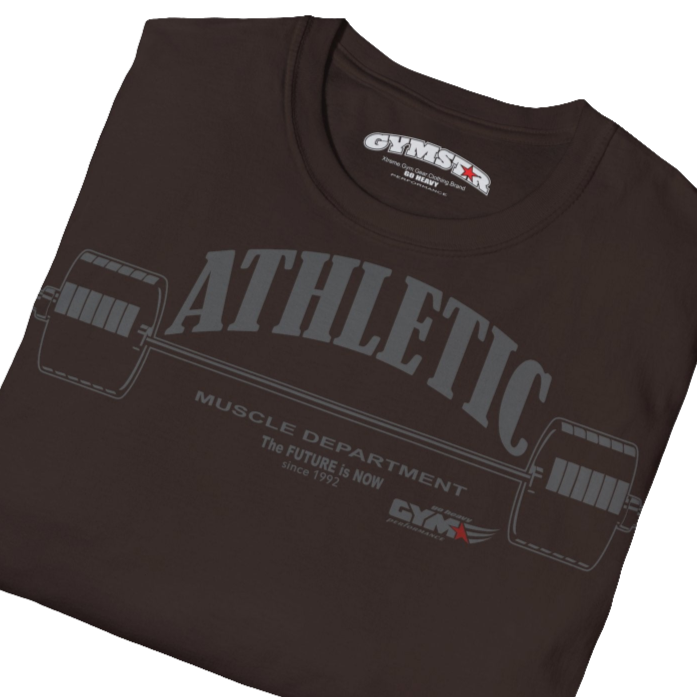 A  brown Gymstar t-shirt with a graphic print Athletic and a barbell in the center, designed for fitness and sports. Front close up view.
