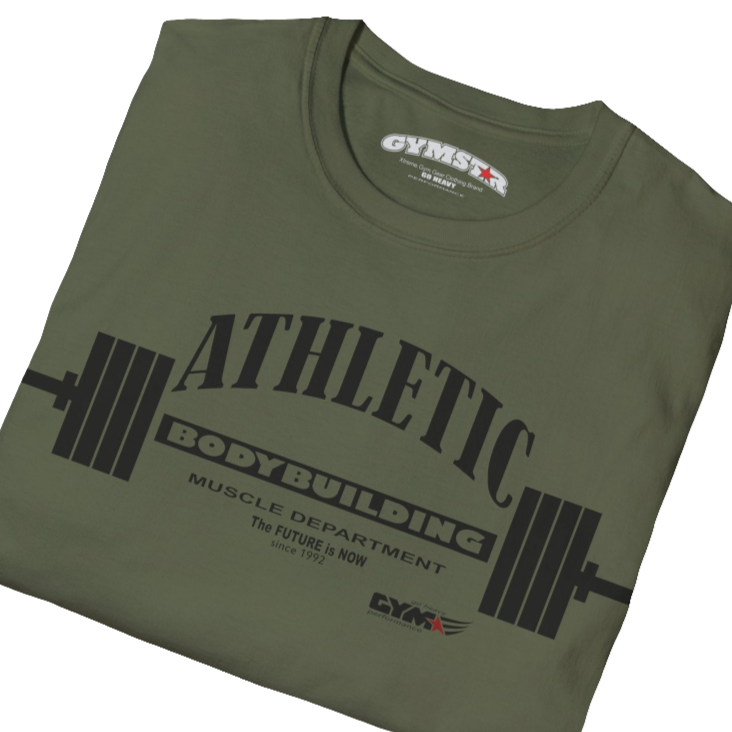 A  military green Gymstar t-shirt with a graphic print Athletic and a barbell in the center, designed for fitness and sports. Front close up view.