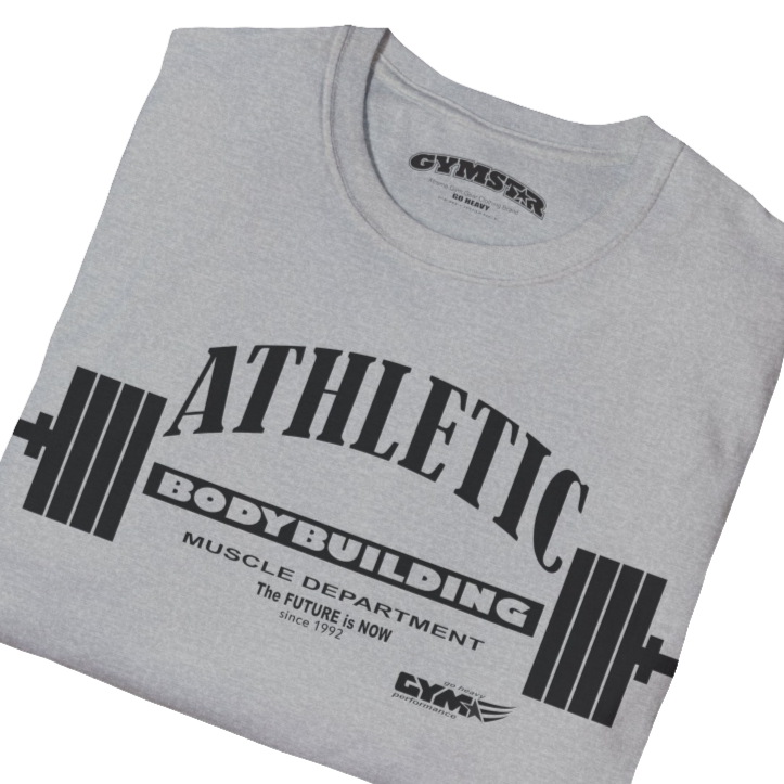 A  silver grey Gymstar t-shirt with a graphic print Athletic and a barbell in the center, designed for fitness and sports. Front close up view.
