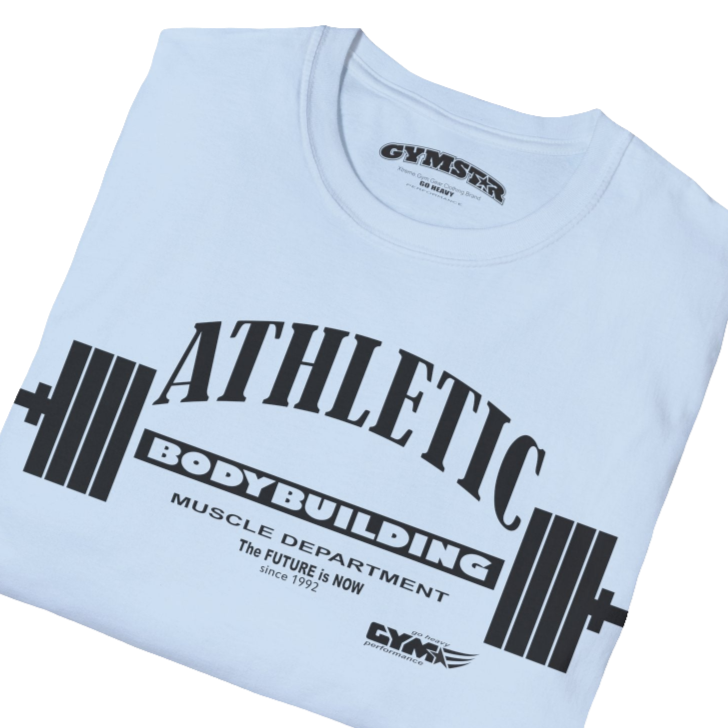 A  Carolina blue Gymstar t-shirt with a graphic print Athletic and a barbell in the center, designed for fitness and sports. Front close up view.