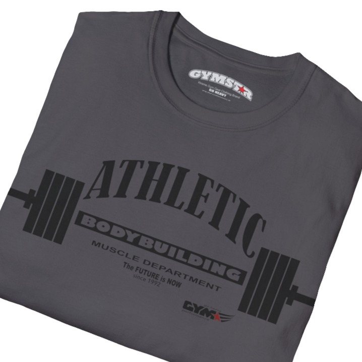A  sport grey Gymstar t-shirt with a graphic print Athletic and a barbell in the center, designed for fitness and sports. Front close up view.