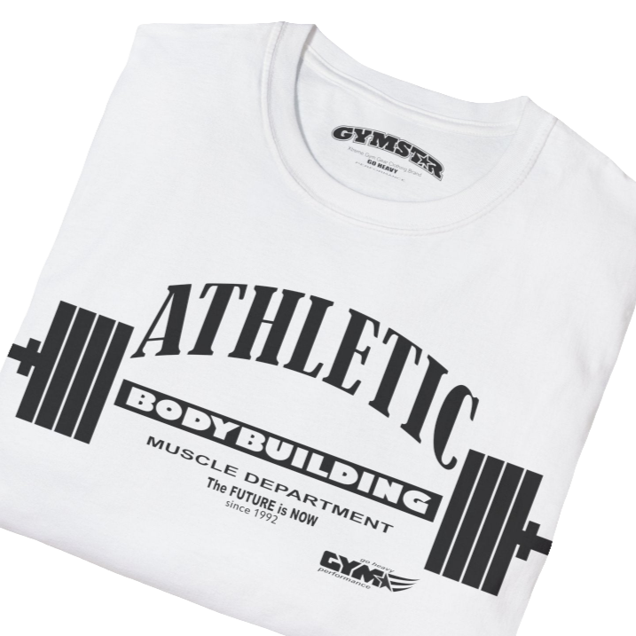 A  white Gymstar t-shirt with a graphic print Athletic and a barbell in the center, designed for fitness and sports. Front close up view.