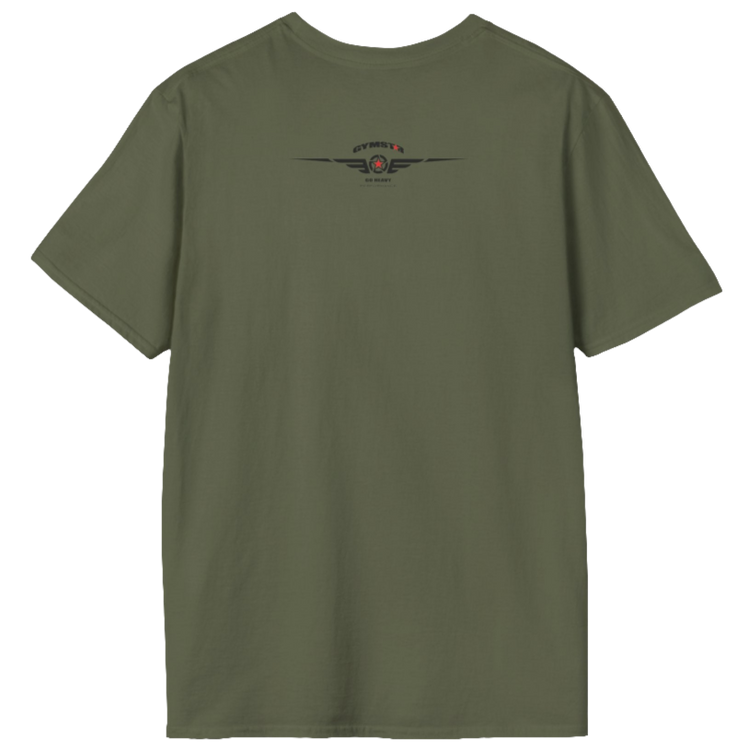 A military green Gymstar t-shirt with a graphic print Athletic and a barbell in the center, designed for fitness and sports. Rare view.