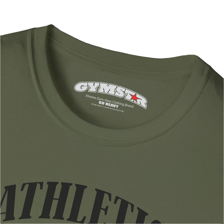 A military green Gymstar t-shirt with a graphic print Athletic and a barbell in the center, designed for fitness and sports. Front logo close up view.