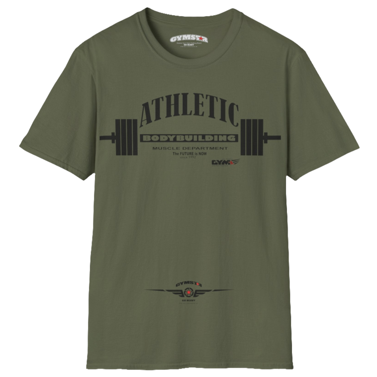 A military green Gymstar t-shirt with a graphic print Athletic and a barbell in the center, designed for fitness and sports. Front  view.