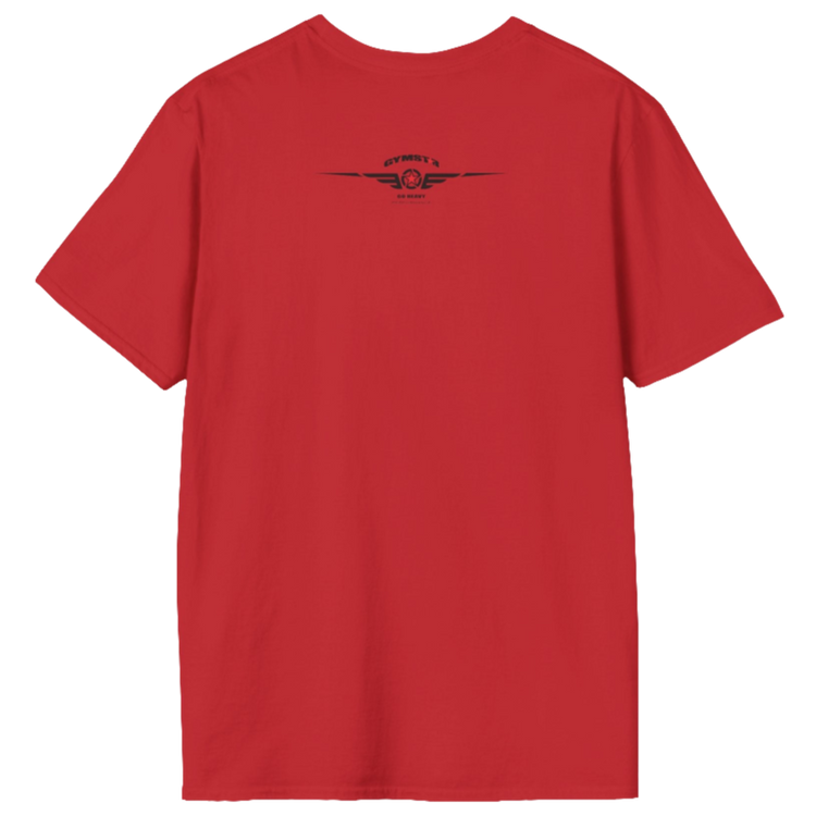 A  red Gymstar t-shirt with a graphic print Athletic and a barbell in the center, designed for fitness and sports. Rear view.