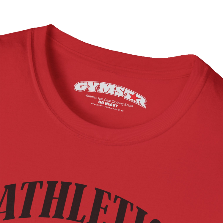 A  red Gymstar t-shirt with a graphic print Athletic and a barbell in the center, designed for fitness and sports. Front logo close up view.