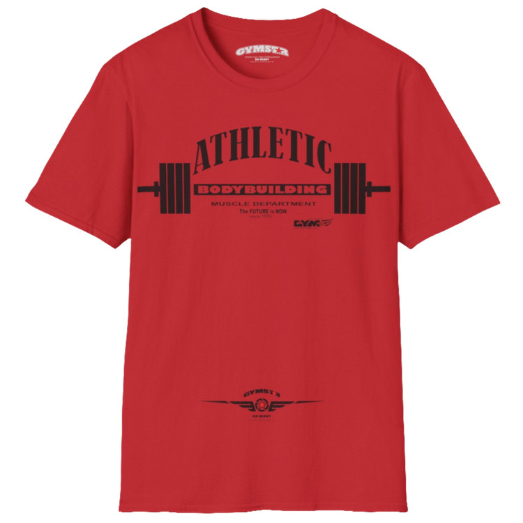 A  red Gymstar t-shirt with a graphic print Athletic and a barbell in the center, designed for fitness and sports. Front logo close up view.