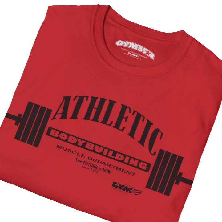A  red Gymstar t-shirt with a graphic print Athletic and a barbell in the center, designed for fitness and sports. Front close up view.