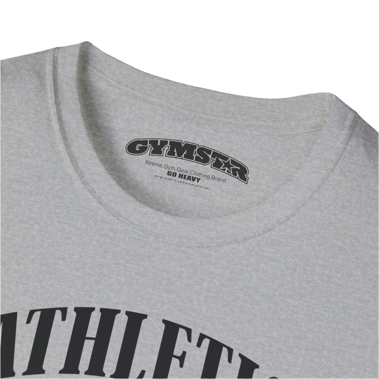 A  silver grey Gymstar t-shirt with a graphic print Athletic and a barbell in the center, designed for fitness and sports. Front close up view.