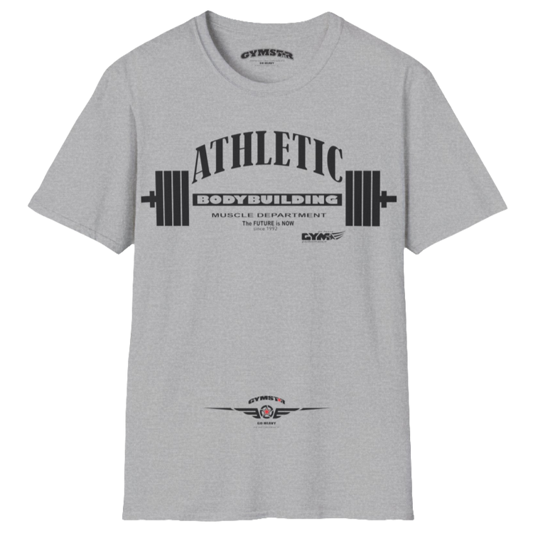 A  silver grey Gymstar t-shirt with a graphic print Athletic and a barbell in the center, designed for fitness and sports. Front  view.