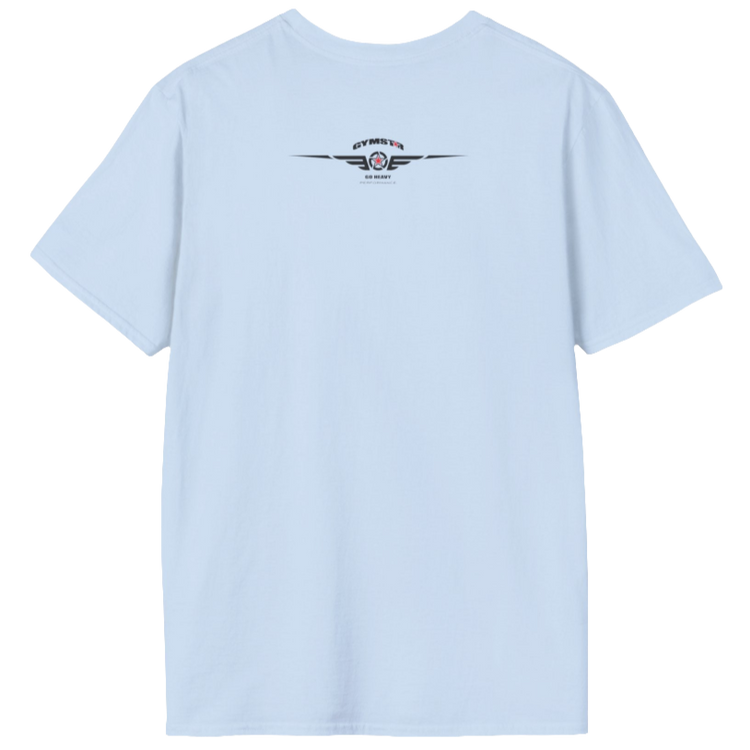 A  Carolina blue Gymstar t-shirt with a graphic print Athletic and a barbell in the center, designed for fitness and sports. Rear close up view.