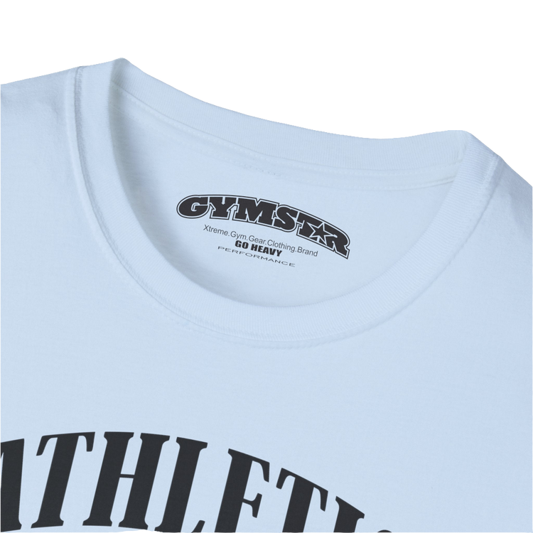 A  Carolina blue Gymstar t-shirt with a graphic print Athletic and a barbell in the center, designed for fitness and sports. Front logo close up view.