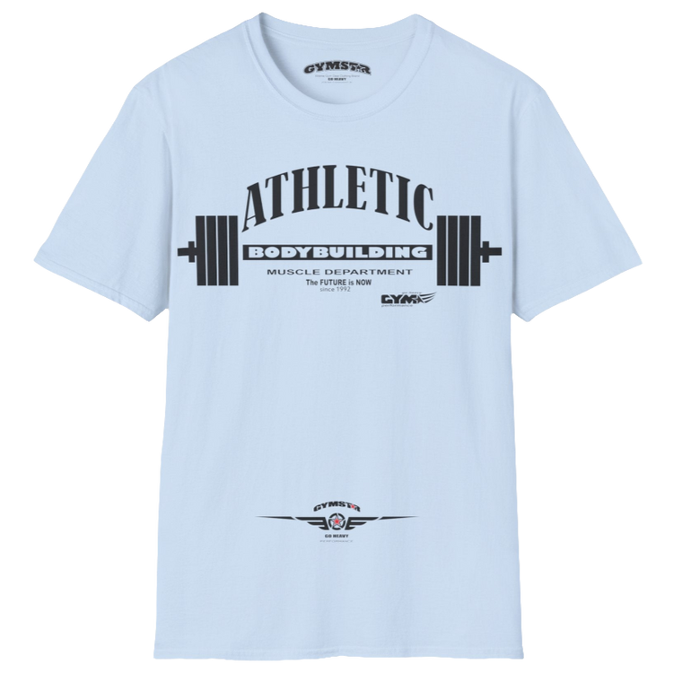 A  Carolina blue Gymstar t-shirt with a graphic print Athletic and a barbell in the center, designed for fitness and sports. Front close up view.