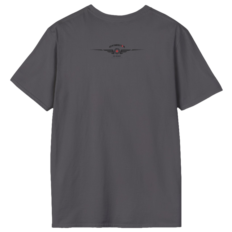 A  Sport grey Gymstar t-shirt with a graphic print Athletic and a barbell in the center, designed for fitness and sports. Rare  view.