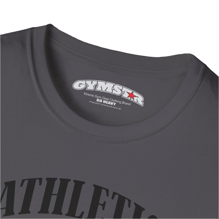 A  Sport grey Gymstar t-shirt with a graphic print Athletic and a barbell in the center, designed for fitness and sports. Front logo close up view.