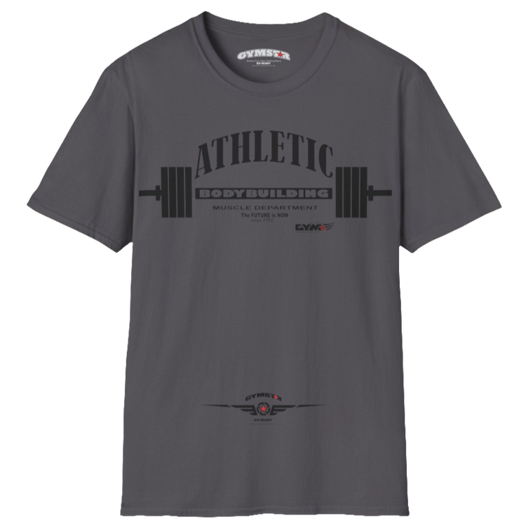 A  Sport grey Gymstar t-shirt with a graphic print Athletic and a barbell in the center, designed for fitness and sports. Front  view.