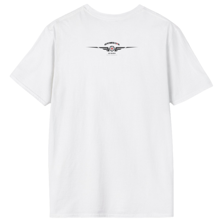A  white Gymstar t-shirt with a graphic print Athletic and a barbell in the center, designed for fitness and sports. Rare view.