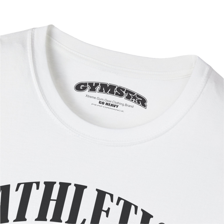 A  white Gymstar t-shirt with a graphic print Athletic and a barbell in the center, designed for fitness and sports. Front logo close up view.