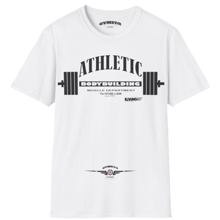 A  white Gymstar t-shirt with a graphic print Athletic and a barbell in the center, designed for fitness and sports. Front  view.